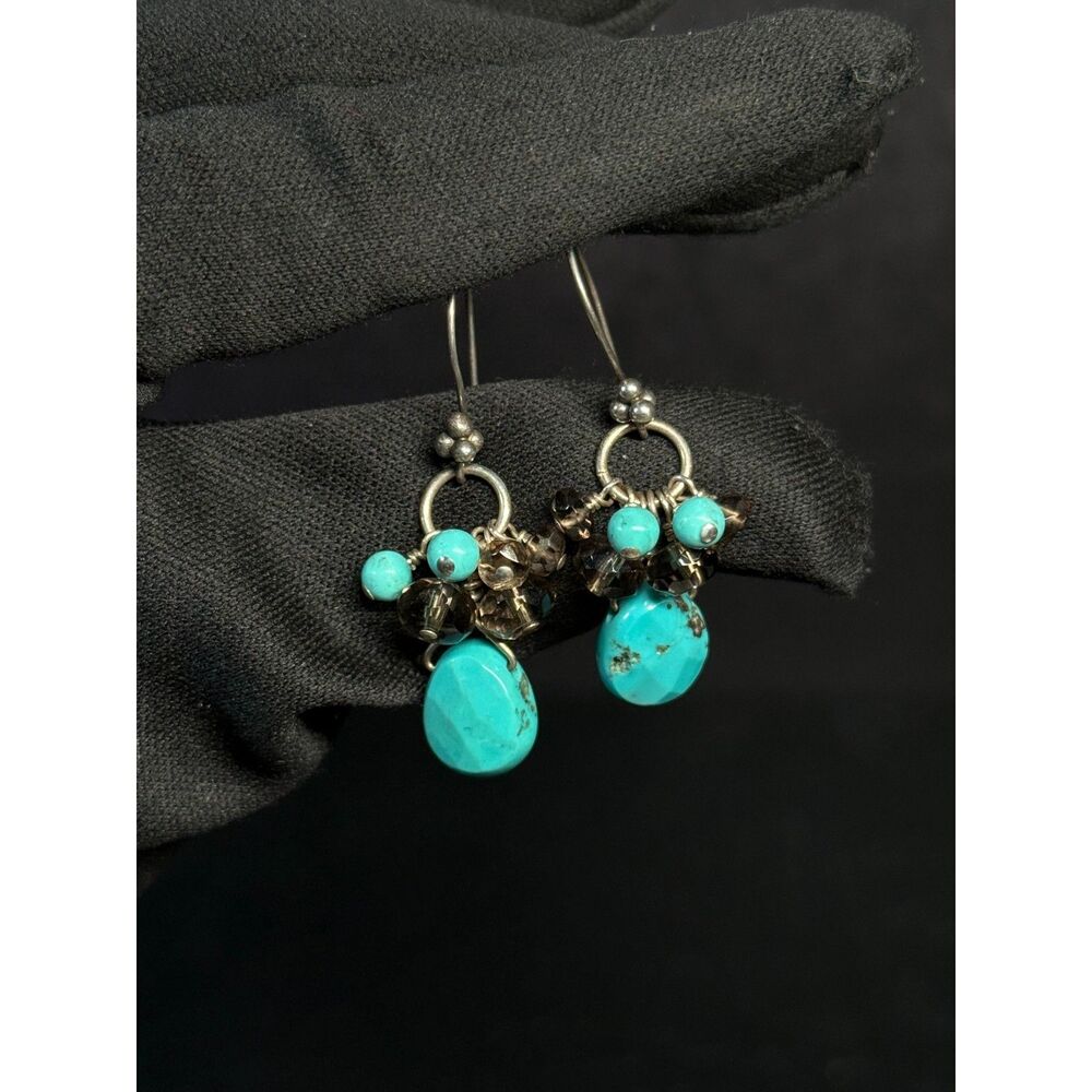Sterling Silver Turquoise Smoky Quartz Earrings 1.6"